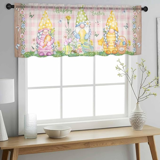 Happy Easter Sheer Valances for Windows 60"x18", Light Filtering Kitchen Curtains Valance, Spring Gnomes Duck Floral Eggs Pink Plaid Rod Pocket Chiffon Curtains for Living Room Bedroom Cafe