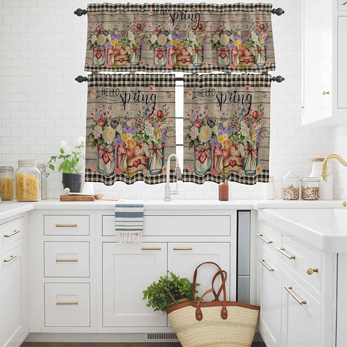 Spring Flowers Kitchen Curtains Set 3 Piece for Windows, Rod Pocket Valance and Tier Set 24 Inch Length, Farmhouse Vintage Black Plaid Wood Grain Light Filtering Cafe Curtains for Living Room Bathroom