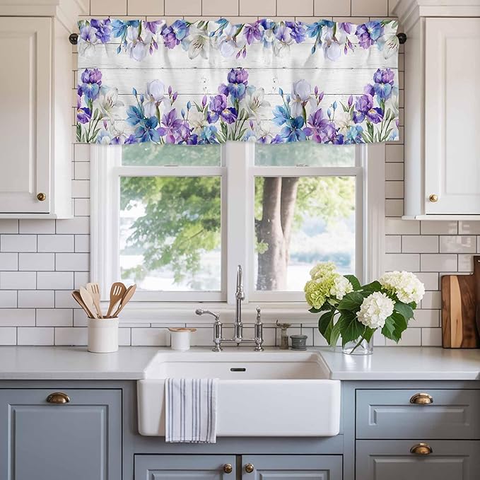 Spring Flowers Curtain Valances for Windows, Kitchen Valance Window Treatment, Watercolor Garden Florals Wooden Grain Light Filtering Block Curtains for Bathroom/Bedroom/Living Room 42'' x 18''
