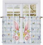 Easter Kitchen Curtains 45 Inch Long 2 Panel Set, Rod Pocket Window Treatment, Spring Rabbits Ears Feet Floral Blue Lattice Light Filtering Short Curtains & Drapes for Bathroom Laundry 52"W x 45"L