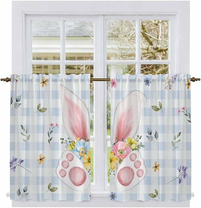 Easter Kitchen Tier Curtains 45 Inch Long 2 Panel Set,Rod Pocket Short Window Treatment,Spring Rabbits Ears Feet Floral Blue Lattice Light Filtering Curtains & Drapes for Bathroom 27.5"W x 45"L
