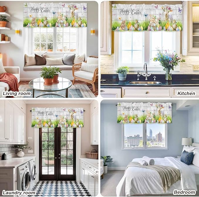 Easter Curtain Valances for Windows, Kitchen Valance Window Treatment, Spring Sheep Bunny Duck Plants Wooden Grain Light Filtering Block Curtains for Bathroom/Bedroom/Living Room 42'' x 12''