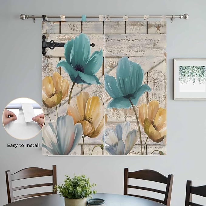 Watercolor Flowers Bedroom Curtains 72 Inch Length, Window Curtains Tab Top, Vintage Tulips Floral Barn Doors Wood Grain Light Filtering Window Treatments Drapes 52"x72" 2 Panel