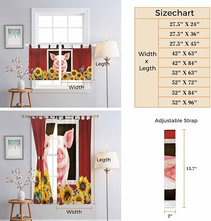 Pigs Sunflowers Kitchen Curtains 24 Inch Length, Small Window Curtains Tab Top, Farmhouse Red Barn Flowers Animals Light Filtering Short Window Treatments Tier Drapes 27.5"x24" 2 Panel