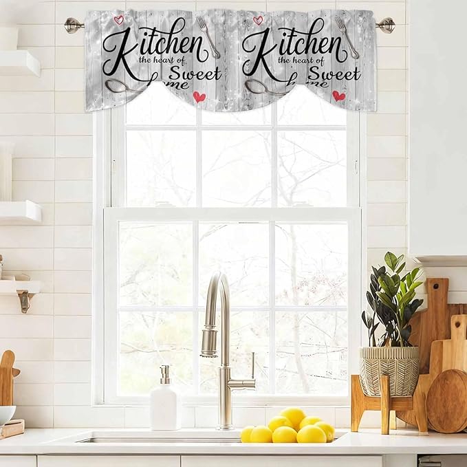Kitchen Knife Fork Tie Up Valance Curtains for Windows, Kitchen Curtains Window Shades, Vintage Love Heart Grey Wood Grain Light Filtering Roman Curtain Valances for Bedroom/Bathroom/Cafe 42"x12"