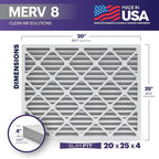 BNX TruFilter 20x25x4 (19.5’’ x 24.5’’ x 3.63‘’ Slim Fit) MERV 8 Air Filter 2-Pack - MADE IN USA - Air Conditioner Furnace Filters HVAC AC Furnace Filters for Dust, Pet, Mold, Pollen MPR 600-700 FPR 5