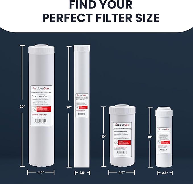 LiquaGen Activated Alumina + Carbon + KDF-55 Replacement Water Filter Cartridge – Helps Manage Fluoride, Chlorine & Taste, Refillable 2.5" x 10", 2.5" x 20", 4.5" x 10", 4.5" x 20" (4, 2.5" x 20")