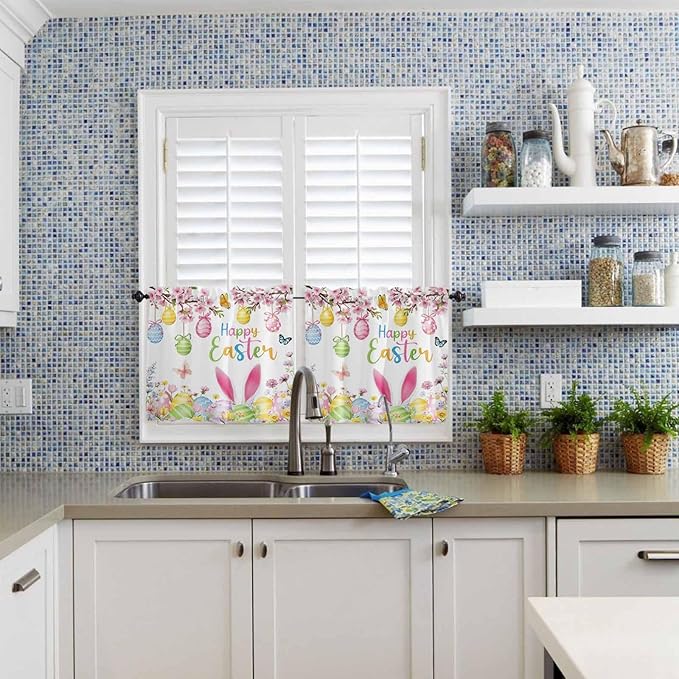 Happy Easter Half Window Curtains 24 Inches Long, Spring Watercolor Bunny Eggs Flower Branch Window Treatment Curtain Drapes, Short Curtains Tiers for Kitchen Over Sink, 27.5"x24", 2 Panels
