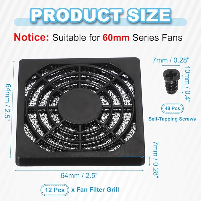 PATIKIL 60mm Fan Filter Grill, 12 Pcs Plastic Ventilation Dustproof Grill Covers Cooling Ventilator with Screws for Industry Workshop Computer Case Refrigerators Air Conditioning, Black