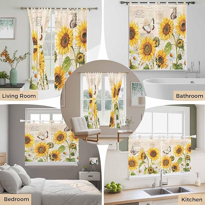Yellow Sunflowers Bedroom Curtains 63 Inch Length, Window Curtains Tab Top, Country Farm Butterfly Flower Light Beige Light Filtering Window Treatments Drapes 42"x63" 2 Panel