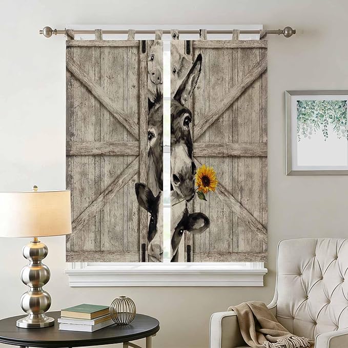 Funny Farm Animals Bedroom Curtains 72 Inch Length, Window Curtains Tab Top, Vintage Barn Brown Sunflowers Light Filtering Window Treatments Drapes 52"x72" 2 Panel