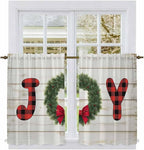 Christmas Wreaths Kitchen Curtains 54 Inch Long 2 Panel Set,Rod Pocket Window Curtains Panels,Winter Bow Plaid Farmhouse Wooden Grain Light Filtering Privacy Draperies for Bedroom Laundry 42"W x 54"L