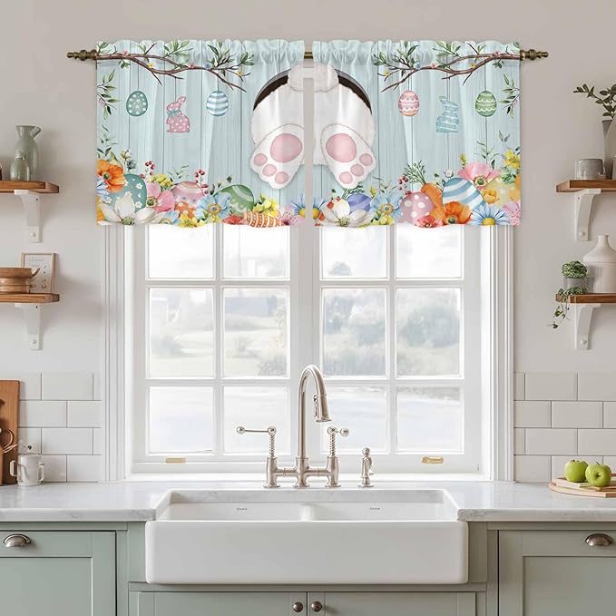 Easter Bunny Kitchen Tier Curtains 36 Inch Long 2 Panel Set,Rod Pocket Half Window Curtains Over Sink,Easter Eggs Spring Farmhouse Wood Grain Teal Blue Light Filtering Short Drapes Cafe 27.5"W x 36"L