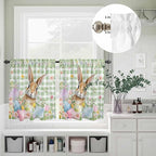 Kitchen Curtains Tiers and Valance Set of 3, Easter Light Filtering Window Curtain Set, Spring Bunny Colorful Eggs Floral Leaves Grey Plaid Rod Pocket Curtain Drapes for Living Room, 24 Inches Tiers