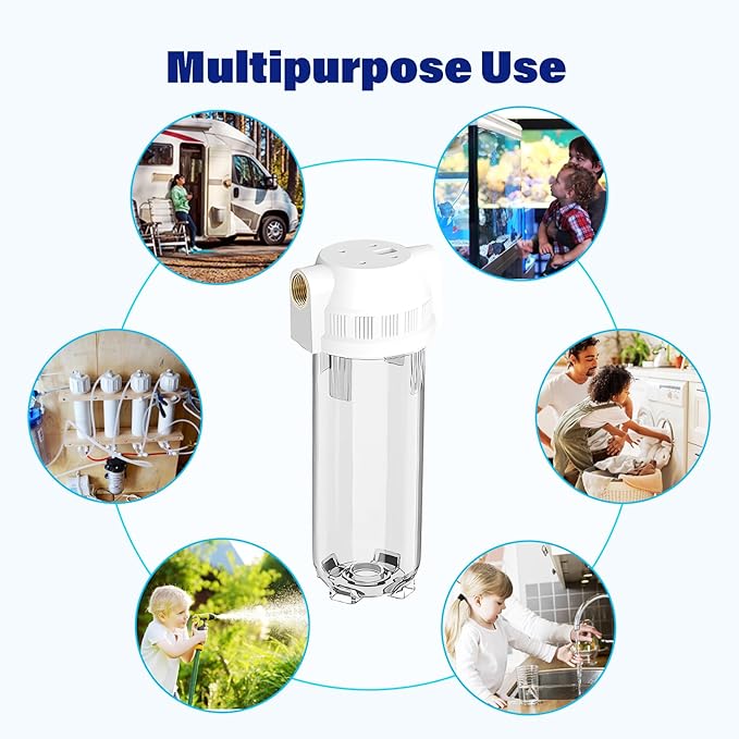 Whole House/RV Water Filter Housing Clear, 10" X 2.5" Inline Sediment Water Filter for RV, Home, Garden, Aquarium, 3/4" NPT Brass Port, R-Type O-Ring, Heavy Duty Bracket, with PP Filter - 1025CBP