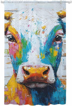 Sheer Curtains 96 Inches Long, Funny Colorful Cow Semi Sheer Curtains Light Filtering Window Treatment, Retro Rustic Oil Painting Wood Grain Privacy Voile Drapes for Living Room Bedroom 52x96 Inch