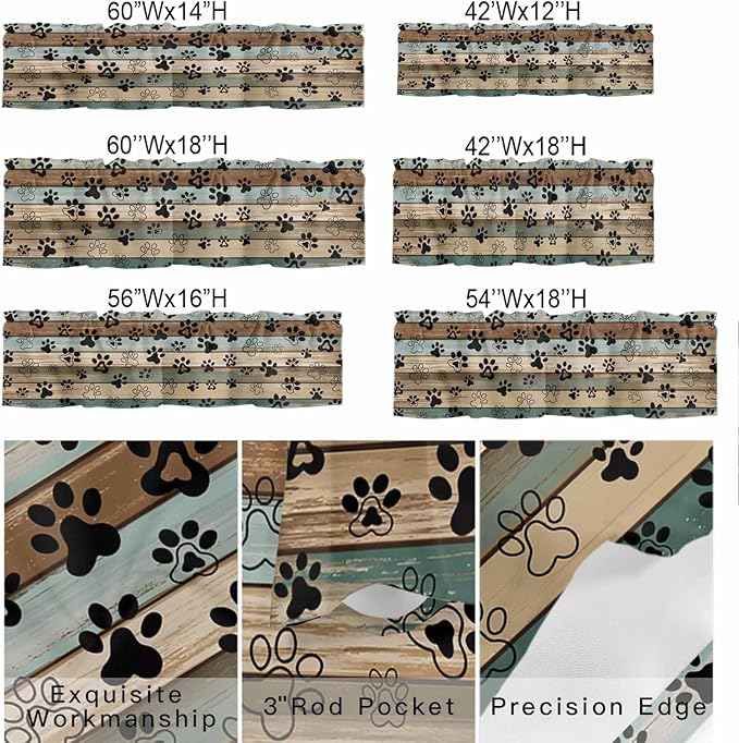 Dog Paws Valances for Windows, Teal Brown Wood Grain Kitchen Valance Light Filtering Rod Pocket Short Curtains for Kitchen Bathroom, 1 Panel, 56"x16"