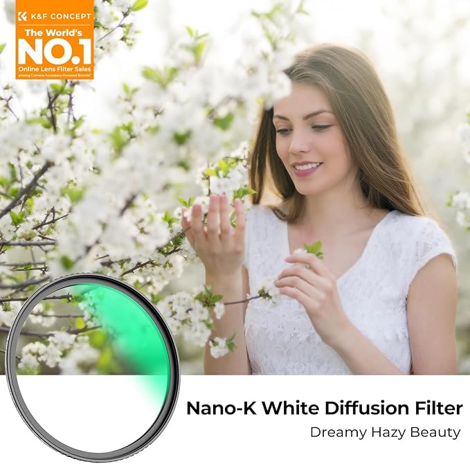 K&F CONCEPT 55mm White Mist 1/4 Filter, 18 Multi-Layer Coatings Dreamy Soft White Diffusion Filter with Cleaning Cloths for Portrait/Video/Vlog Photography