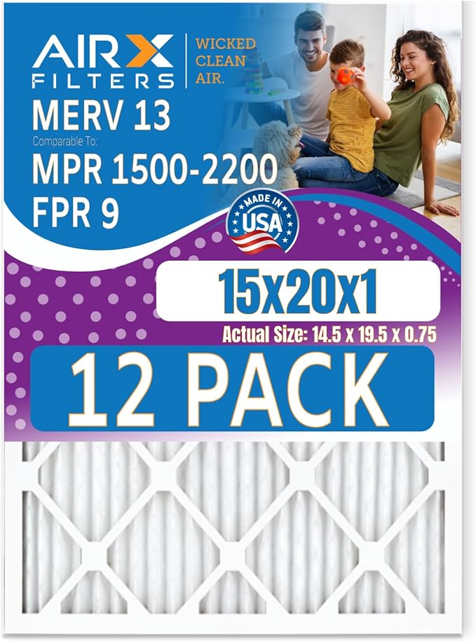 15x20x1 Air Filter MERV 13 Rating, 12 Pack of Furnace Filters Comparable to MPR 1500-2200 & FPR 9 - Made in USA by AIRX FILTERS WICKED CLEAN AIR.