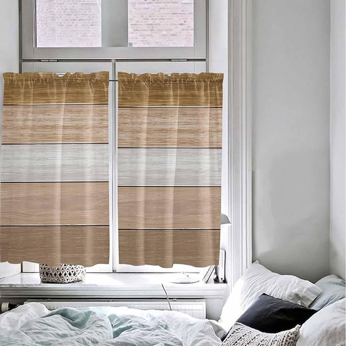 Retro Farm Wood Board Window Valance Curtains, Brown Graduality Striped Light Filtering Kitchen Valance with 3-inch Rod Pocket for Living Room Bathroom Bedroom,2 Panel,52x54In