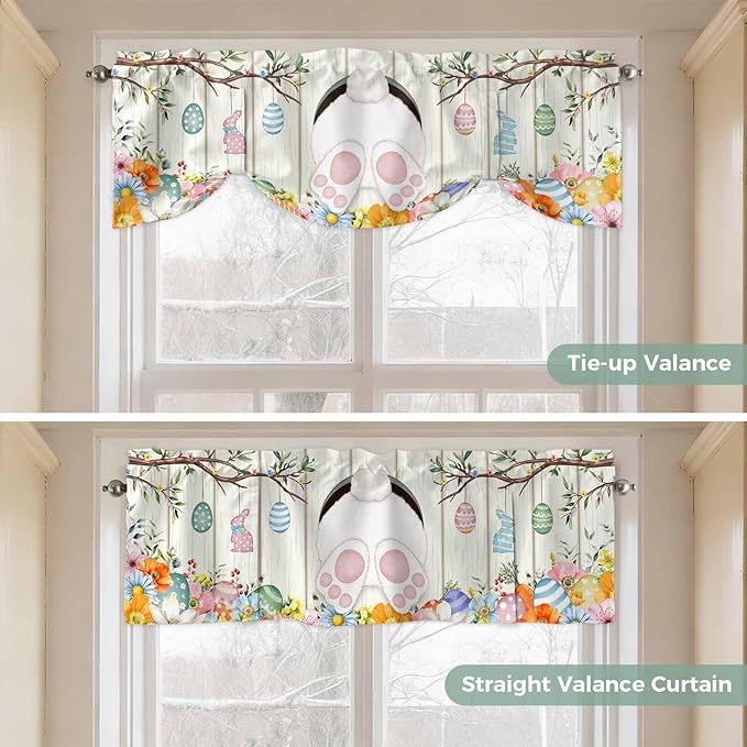 Easter Tie Up Valance Curtains for Windows, Kitchen Curtains Window Shades, Spring Farmhouse Watercolor Bunny Eggs Wood Grain Light Filtering Roman Curtain Valances for Bedroom/Bathroom/Cafe 54"x18"