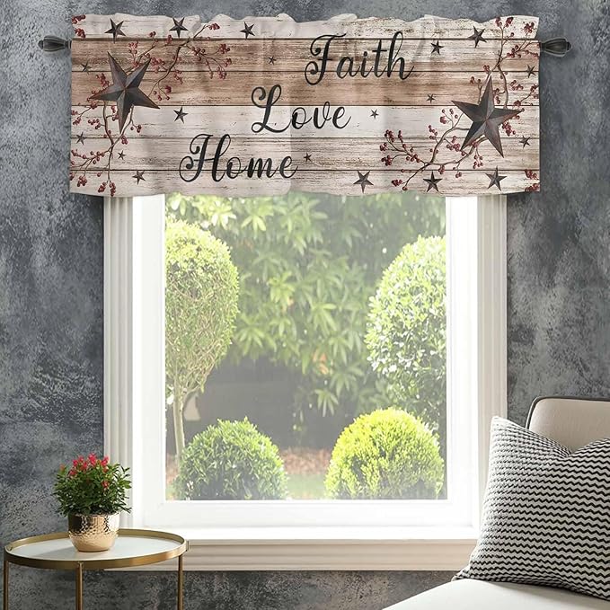 Rustic Star Brown Curtain Valances for Windows, Kitchen Valance Window Treatment, Vintage Plants Berry Wooden Grain Light Filtering Block Curtains for Bathroom/Bedroom/Living Room 42'' x 12''