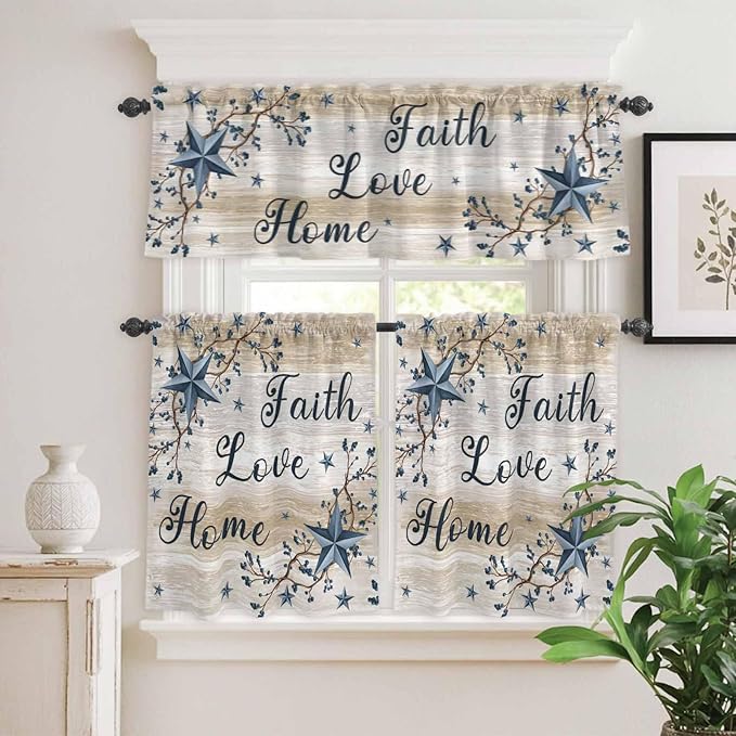 Kitchen Curtains Tiers and Valance Set of 3, Vintage Country Light Filtering Window Curtain Set, Blue Rustic Texas Star Vines Wooden Grain Rod Pocket Curtain Drapes for Living Room, 24 Inches Tiers