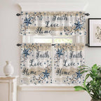 Kitchen Curtains Tiers and Valance Set of 3, Vintage Country Light Filtering Window Curtain Set, Blue Rustic Texas Star Vines Wooden Grain Rod Pocket Curtain Drapes for Living Room, 36 Inches Tiers