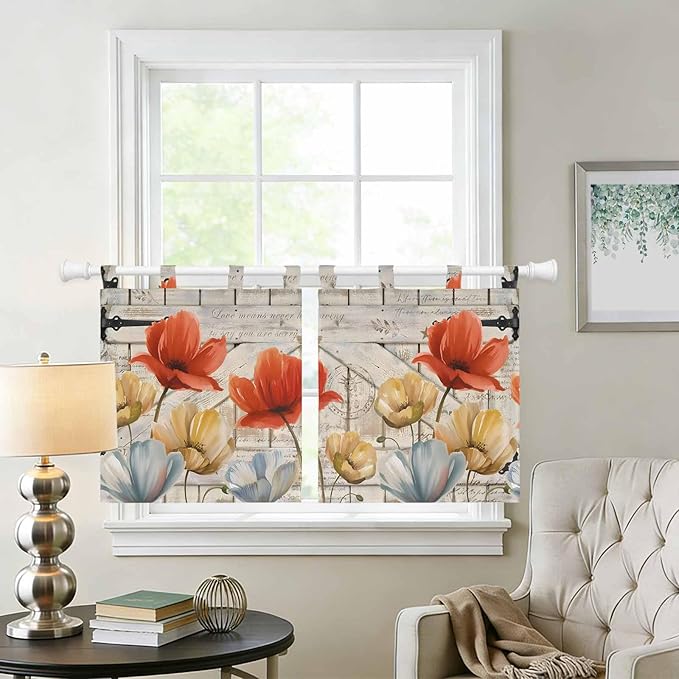 Retro Floral Kitchen Curtains 24 Inch Length, Small Window Curtains Tab Top, Red Yellow Tulips Barm Doors Farmhouse Wooden Light Filtering Short Window Treatments Tier Drapes 27.5"x24" 2 Panel