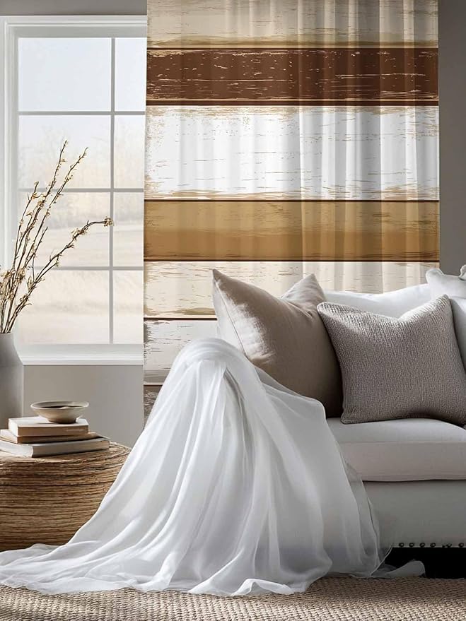 Sheer Curtains 72 Inches Long, Brown Wood Grain Semi Sheer Curtains Light Filtering Window Treatment, Vintage Country Geometric Striped Privacy Voile Drapes for Living Room Bedroom 52x72 Inch