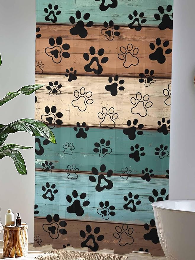 Sheer Curtains 84 Inches Long, Green Brown Paw Print Semi Sheer Curtains Light Filtering Window Treatment, Vintage Farmhouse Country Wooden Grain Privacy Voile Drapes for Living Room 52x84 Inch