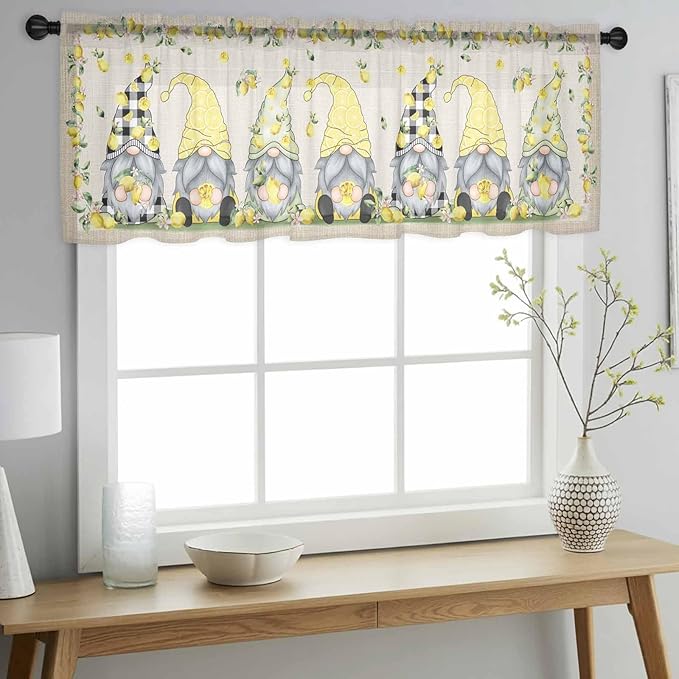 Rustic Lemon Gnomes Sheer Valance Curtains, Summer Fruit Leaves Retro Linen Texture Light Filtering Kitchen Valances Rod Pocket Voile Curtain Window Treatment for Bedroom/Living Room/Basement 60Wx18L