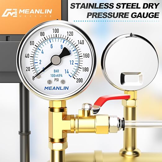 MEANLIN MEASURE 0~200Psi Dry Pressure Gauge Stainless Steel 1/8" NPT 2" FACE DIAL Waterproof for Air Compressor Air Regulator Water Filter Lower Mount, with 1/4" NPT and 3/8" NPT Hex Bushing