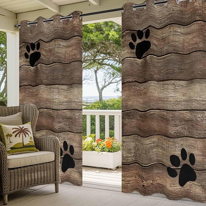 Wood Grain Outdoor Curtains for Patio Claws Animals Wooden Brown Vintage Waterproof Outside Curtains with Grommet Top Weatherproof Curtain for Cabana Pergola Gazebo, 2 Pack, 54" W x 95" L