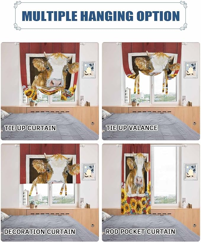 Tie Up Curtains for Windows, Cows Sunflowers Adjustable Balloon Nature Linen Textured Kitchen Curtain, Spring Floral Bees Farmhouse Barn Tie Up Blackout Curtains for Bedroom, 52 x 63 Inches