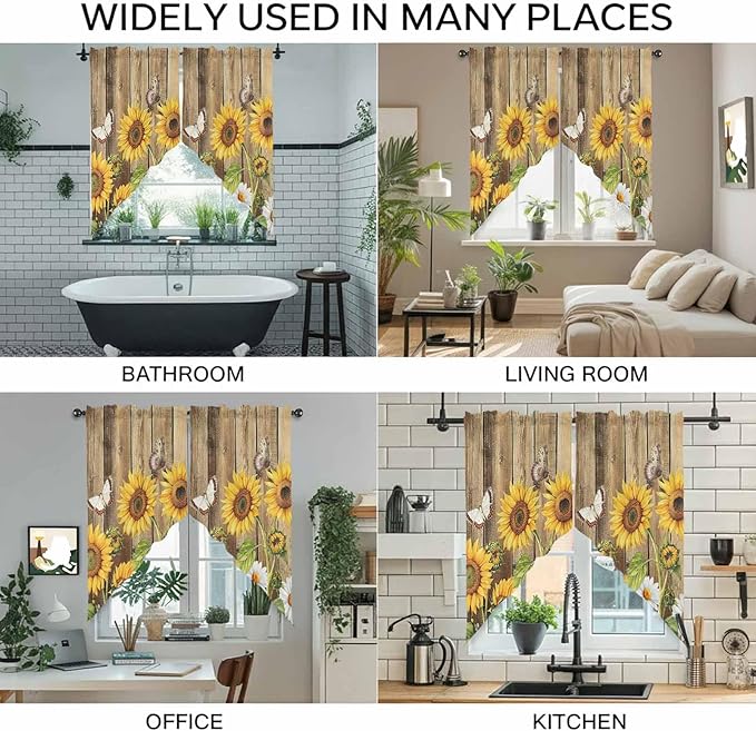 Farmhouse Sunflowers Swag Valances for Windows, Rustic Floral Buttterfly Wood Board Brown Rod Pocket Kitchen Curtains Valance, Small Window Curtains Swag for Cafe Living Room, 2 Panels, 28x36 inch