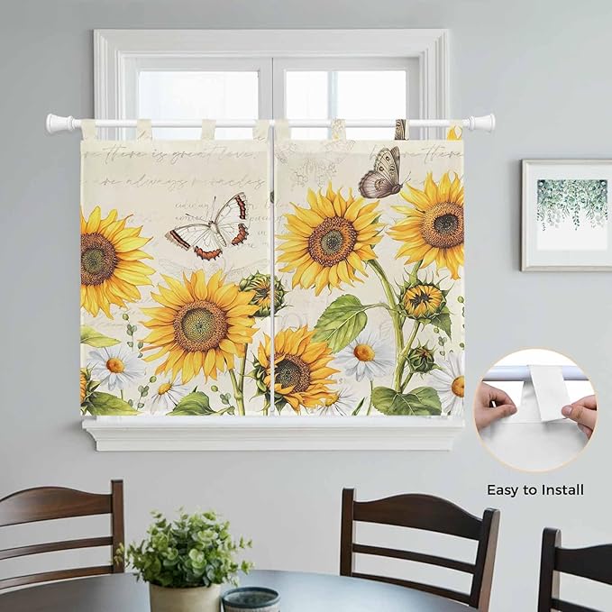 Farm Sunflowers Bedroom Curtains 63 Inch Length, Window Curtains Tab Top, Retro Flowers Butterfly Botanical Beige Light Filtering Window Treatments Drapes 42"x63" 2 Panel