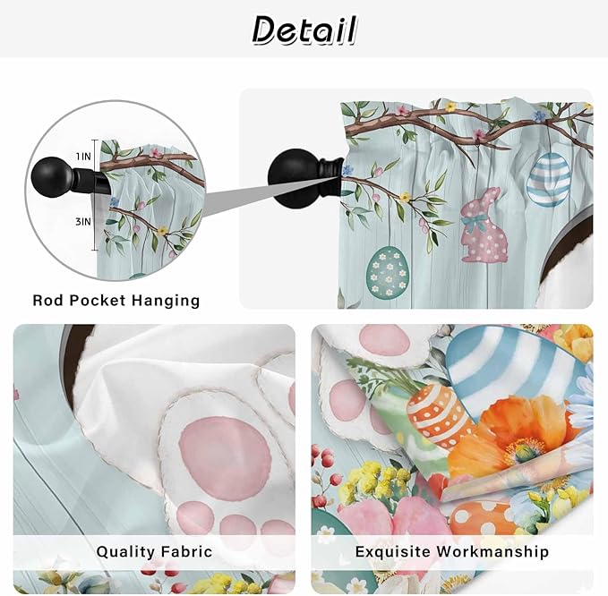 Easter Bunny Kitchen Tier Curtains 45 Inch Long 2 Panel Set,Rod Pocket Short Window Treatment,Easter Eggs Spring Farmhouse Wood Grain Teal Blue Light Filtering Curtains & Drapes 27.5"W x 45"L