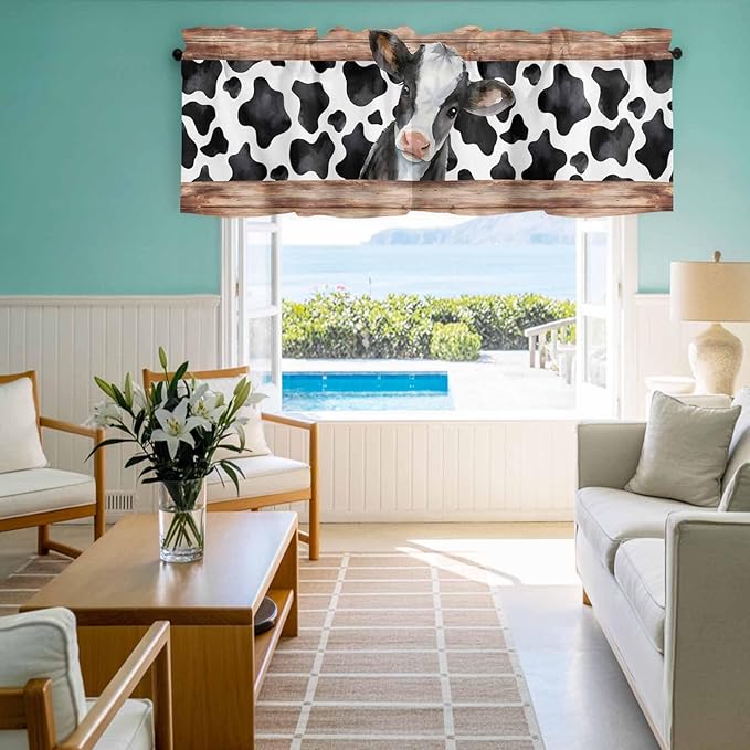 Cow Printed Curtain Valances for Windows, Kitchen Valance Window Treatment, Farmhouse Watercolor Country Wooden Grain Light Filtering Block Curtains for Bathroom/Bedroom/Living Room 42'' x 18''