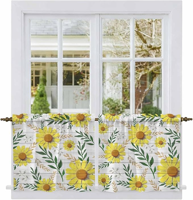 Yellow Daisy Tier Curtains, Farmhouse Country Flower Leaf Plant Wood Grain Light Filtering Kitchen Curtains, 2Pcs Rod Pocket Half Window Treatments Panels for Sink Cafe Cabinet Camper 27.5x24 Inches
