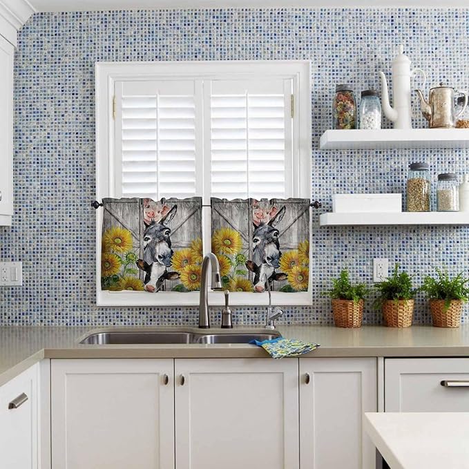 Farmhouse Half Window Curtains 24 Inches Long, Vintage Sunflowers Animals Printed Wood Grain Window Treatment Curtain Drapes, Short Curtains Tiers for Kitchen Over Sink, 27.5"x24", 2 Panels