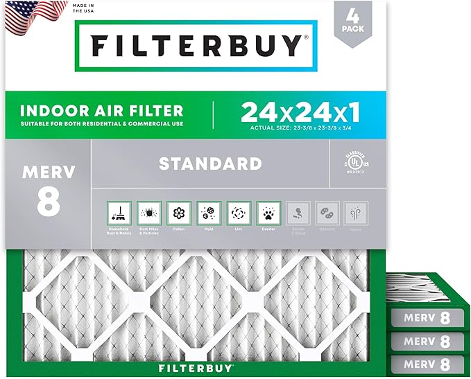 Filterbuy 24x24x1 Air Filter MERV 8 Essential Dust & Allergy Defense (4-Pack), Electrostatic Pleated HVAC AC Furnace Filters Replacement, Made in USA (Actual Size: 23.38 x 23.38 x 0.75)