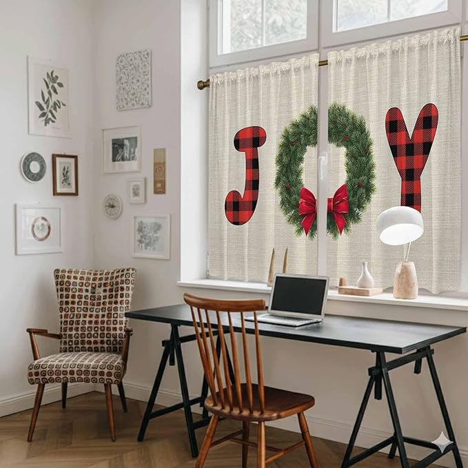 Red Green Christmas Kitchen Curtains 45 Inch Long 2 Panel Set, Rod Pocket Window Treatment, Farmhouse Xmas Botanical Winter Light Filtering Short Curtains & Drapes for Bathroom Laundry 52"W x 45"L