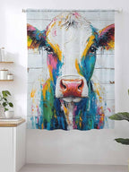 Sheer Curtains 72 Inches Long, Farmhouse Oil Painting Semi Sheer Curtains Light Filtering Window Treatment, Colorful Cow Animal Wooden Grain Privacy Voile Drapes for Living Room Bedroom 52x72 Inch