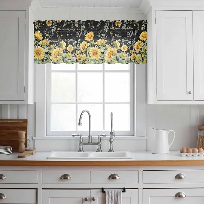 Summer Floral Sheer Valance Curtains, Watercolor Sunflower Eucalyptus Leaves Letter Print Light Filtering Kitchen Valances Rod Pocket Voile Curtain Treatment for Bedroom/Living Room/Basement 54Wx18L