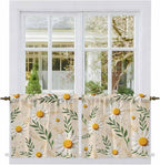 Spring Daisy Tier Curtains, Country Watercolor Flower Leaf Plant Light Filtering Kitchen Curtains, 2Pcs Rod Pocket Half Window Treatments Panels for Sink Cafe Cabinet Camper 27.5x36 Inches