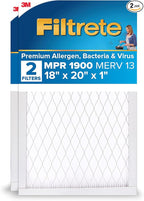 Filtrete 18x20x1 AC Furnace Air Filter, MERV 13, MPR 1900, Premium Allergen, Bacteria & Virus Filter, 3-Month Pleated 1-Inch Electrostatic Air Cleaning Filter, 2-Pack (Actual Size 17.81x19.81x0.81 in)