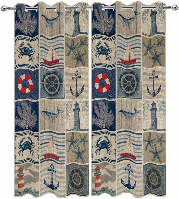 Oceans Outdoor Curtains for Patio Shell Starfish Whales Summer Vintage Waterproof Outside Curtains with Grommet Top Weatherproof Curtain for Cabana Pergola Gazebo, 2 Pack, 54" W x 84" L