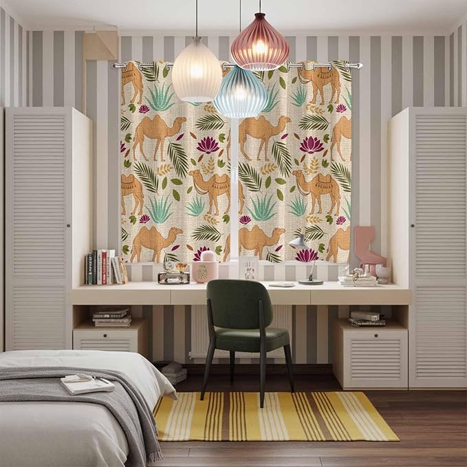 2 Panel Kitchen Cafe Curtains, Desert Camels Sunlight Filtering Nature Air Through, Home Decor Window Covering Tier Curtains for Living Room 104W x 84L inch Vintage Sand Animals Aloe Vera Leaves Beige