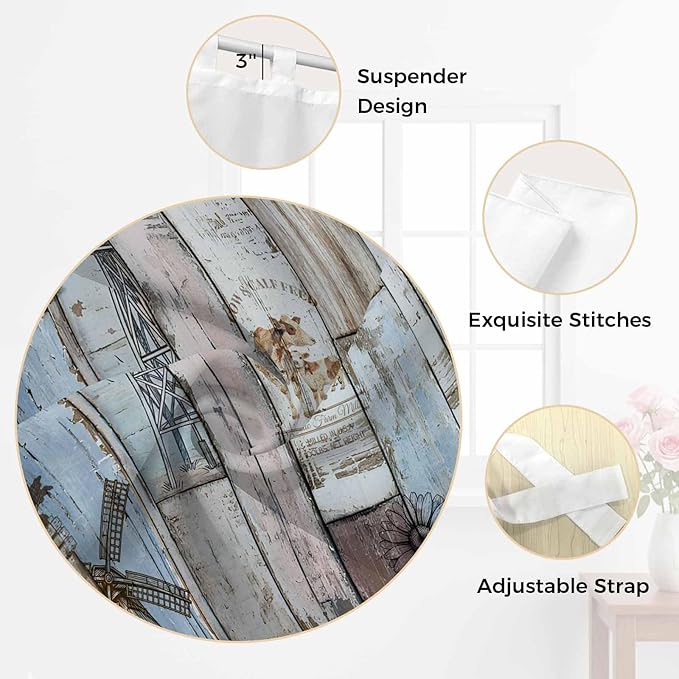 Blue Grey Wooden Bedroom Curtains 72 Inch Length, Window Curtains Tab Top, Farmhouse Barn Sunflowers Retro Light Filtering Window Treatments Drapes 52"x72" 2 Panel